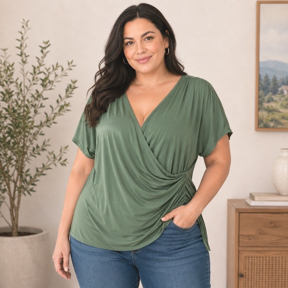 BloomChic Sage Green Faux Wrap Top Plus Sz 30 Draped Surplice Ruched Stretch NWT